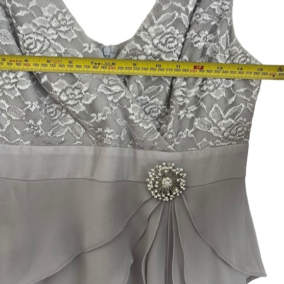 Silver Lace Chiffon Dress S Glam Formal Gown w/ Brooch Mother of the Bride Prom - Picture 9 of 16